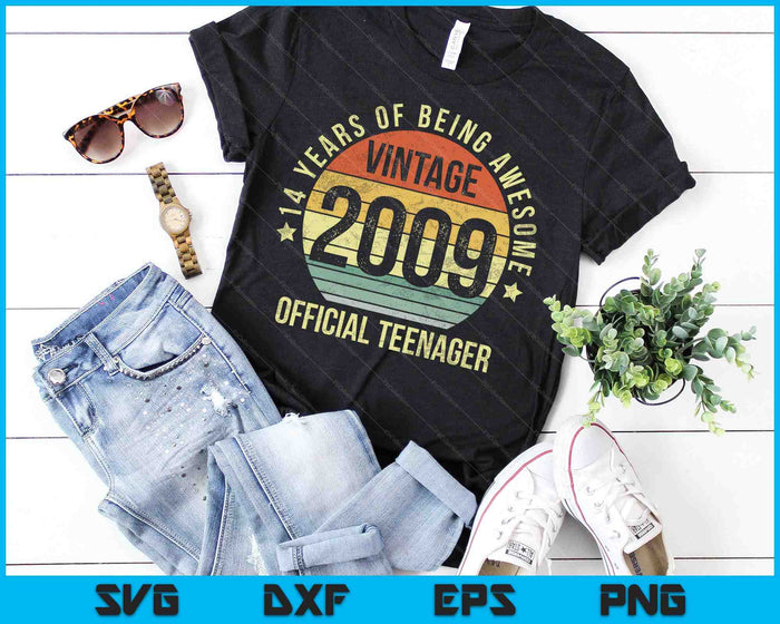 Vintage 2009 officiële tiener 14e verjaardag SVG PNG snijden afdrukbare bestanden