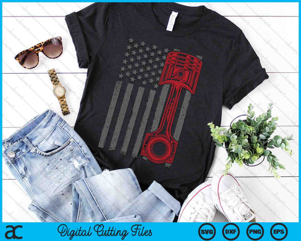 Vintage American Flag Piston Funny Muscle Car Mechanic Gift SVG PNG Digital Cutting File - on a t-shirt