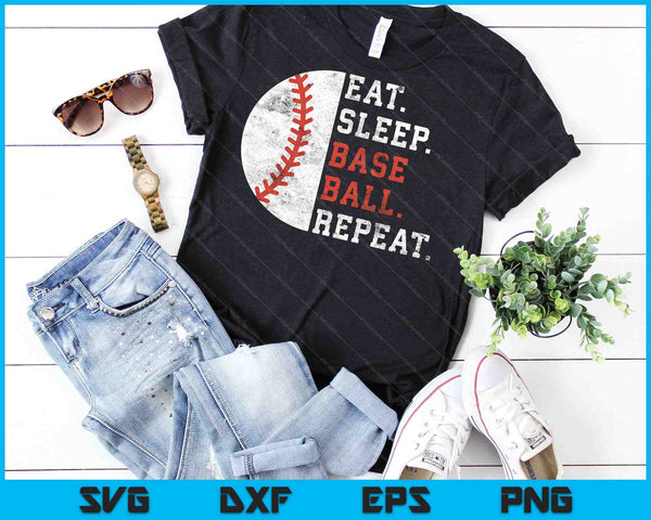 Jugador de béisbol vintage comer dormir béisbol repetir SVG PNG cortar archivos imprimibles - on a t-shirt