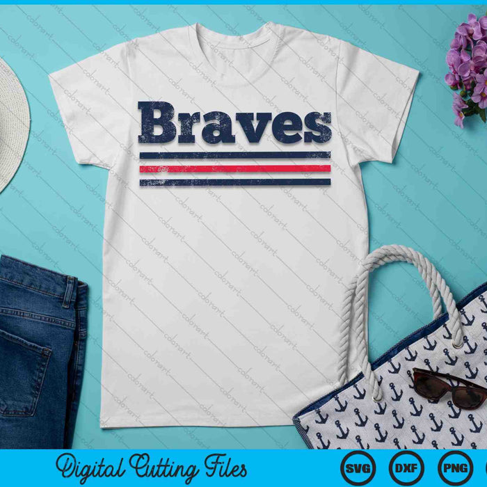 Vintage Braves Retro Tres Rayas Desgastadas SVG PNG Cortando Archivos Imprimibles