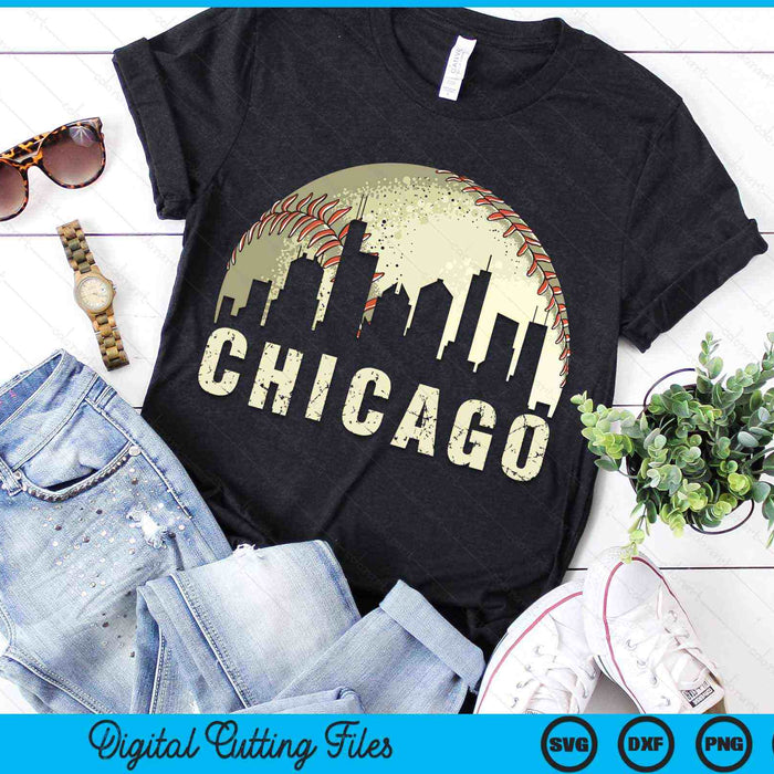 Vintage Chicago Cityscape Baseball Lover SVG PNG Cutting Printable Files