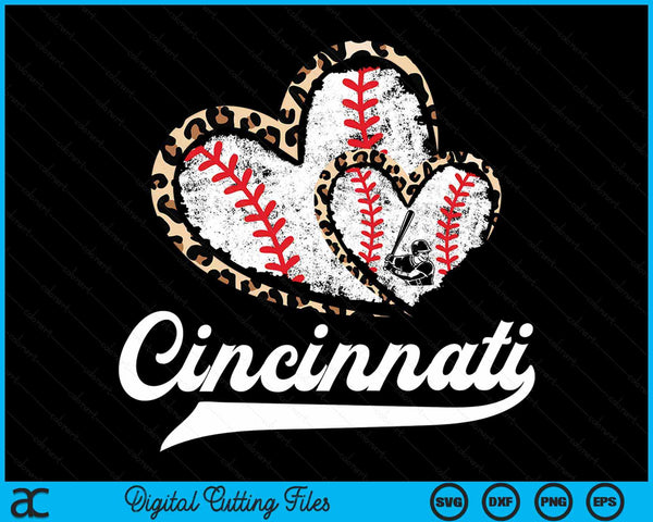 Vintage Cincinnati Baseball Leopard Heart Baseball Fans SVG PNG Digital Cutting Files