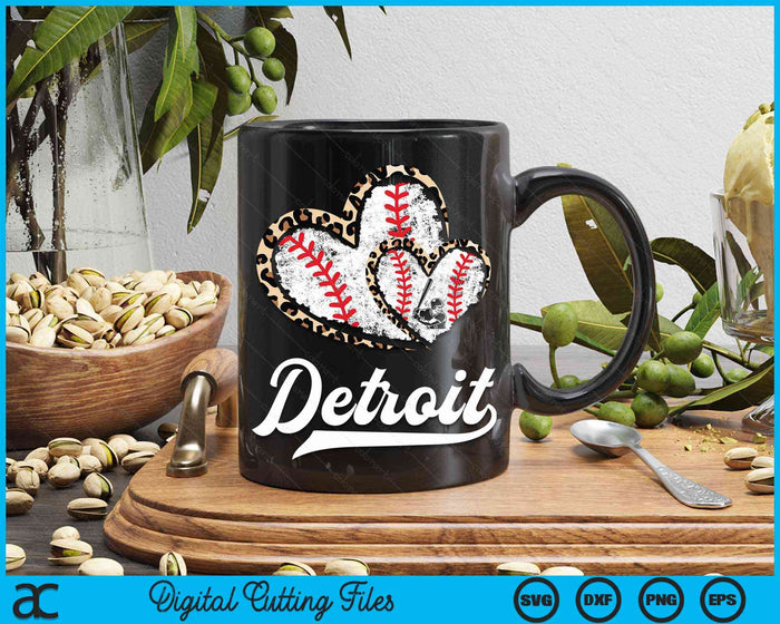 Vintage Detroit Baseball Leopard Heart Baseball Fans SVG PNG Digital Cutting Files