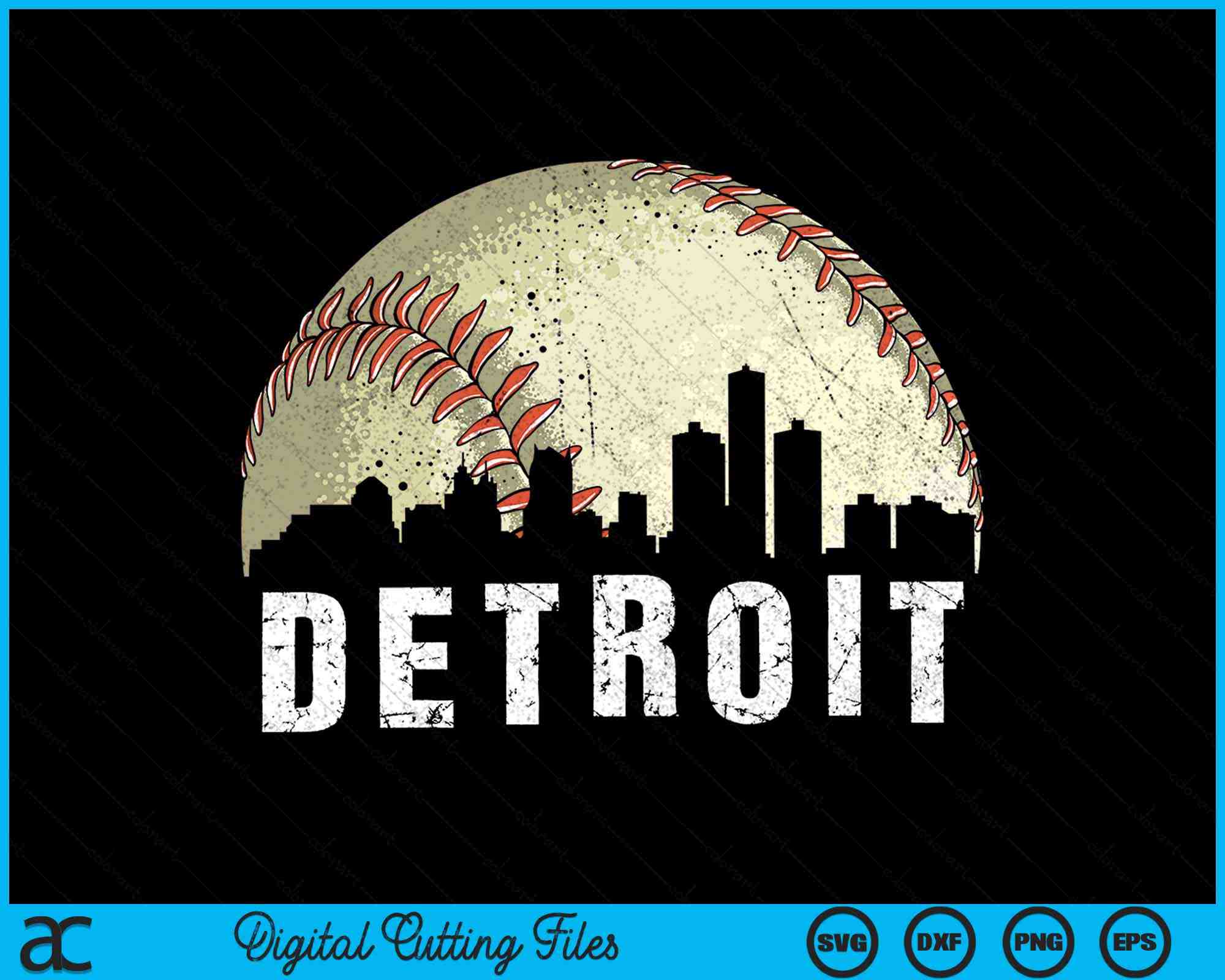 Vintage Detroit Cityscape Baseball Lover SVG PNG Digital Files