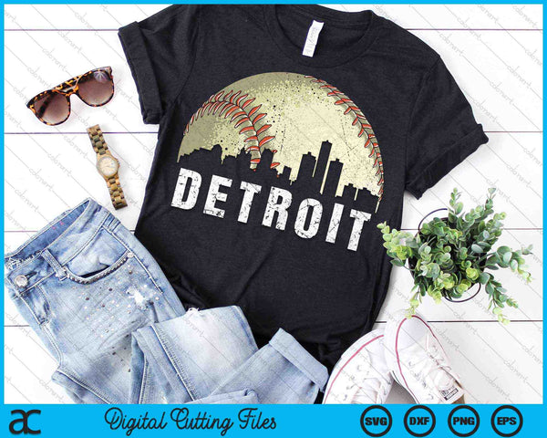 Vintage Detroit Cityscape Baseball Lover SVG PNG Archivos de corte digital - on a t-shirt