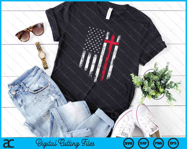 Vintage angustiado EE.UU. bandera cruz fe cristiana SVG PNG corte archivos imprimibles - on a t-shirt