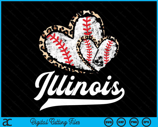 Vintage Illinois Baseball Leopard Heart Baseball Fans SVG PNG Digital Cutting Files