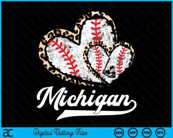 Vintage Michigan Baseball Leopard Heart Baseball Fans SVG PNG Digital Cutting Files