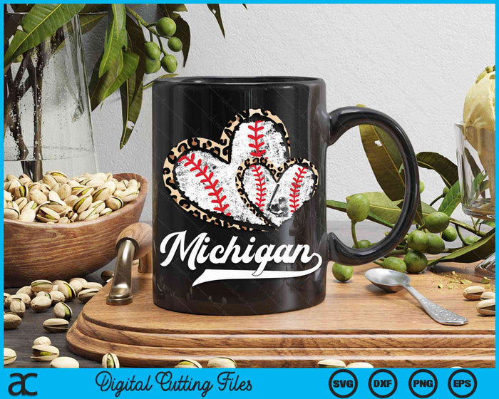 Vintage Michigan Baseball Leopard Heart Baseball Fans SVG PNG Digital Cutting Files