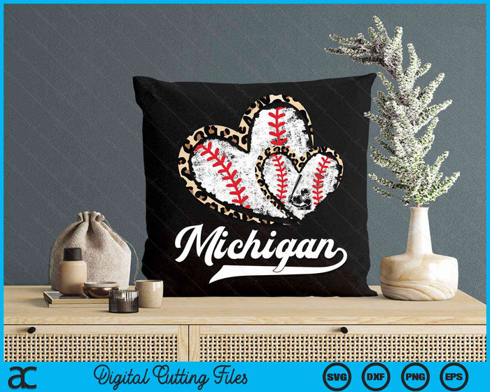 Vintage Michigan Baseball Leopard Heart Baseball Fans SVG PNG Digital Cutting Files