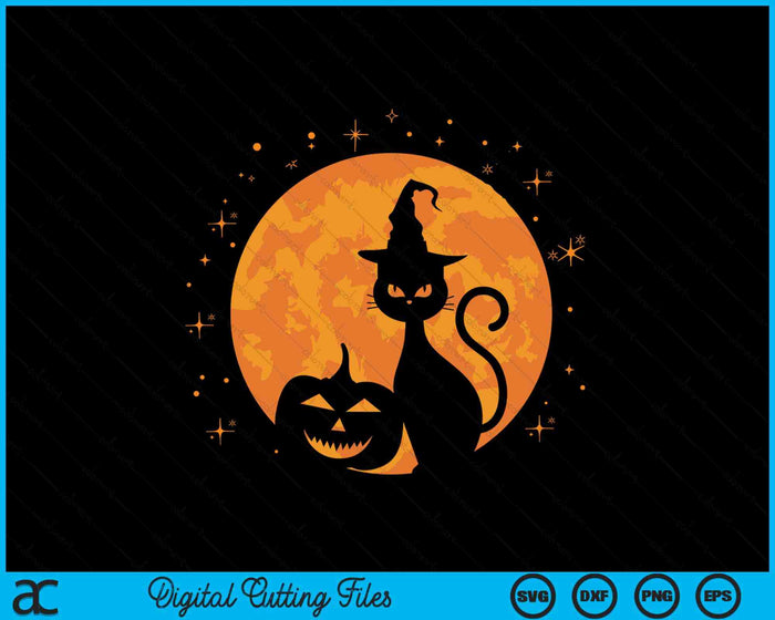 Vintage Scary Halloween Black Cat Costume Witch Hat & Moon SVG PNG Digital Cutting Files