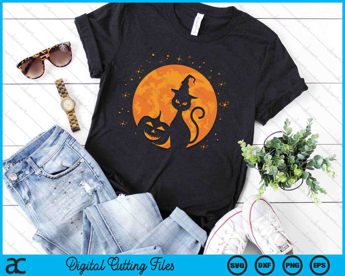 Vintage Scary Halloween Black Cat Costume Witch Hat & Moon SVG PNG Digital Cutting Files