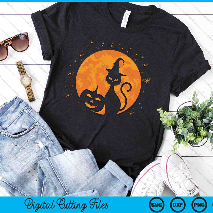 Vintage Scary Halloween Black Cat Costume Witch Hat & Moon SVG PNG Digital Cutting Files