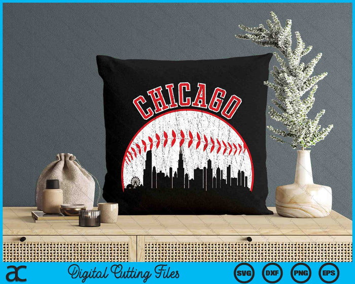 Vintage Skyline Chicago Baseball SVG PNG snijden afdrukbare bestanden