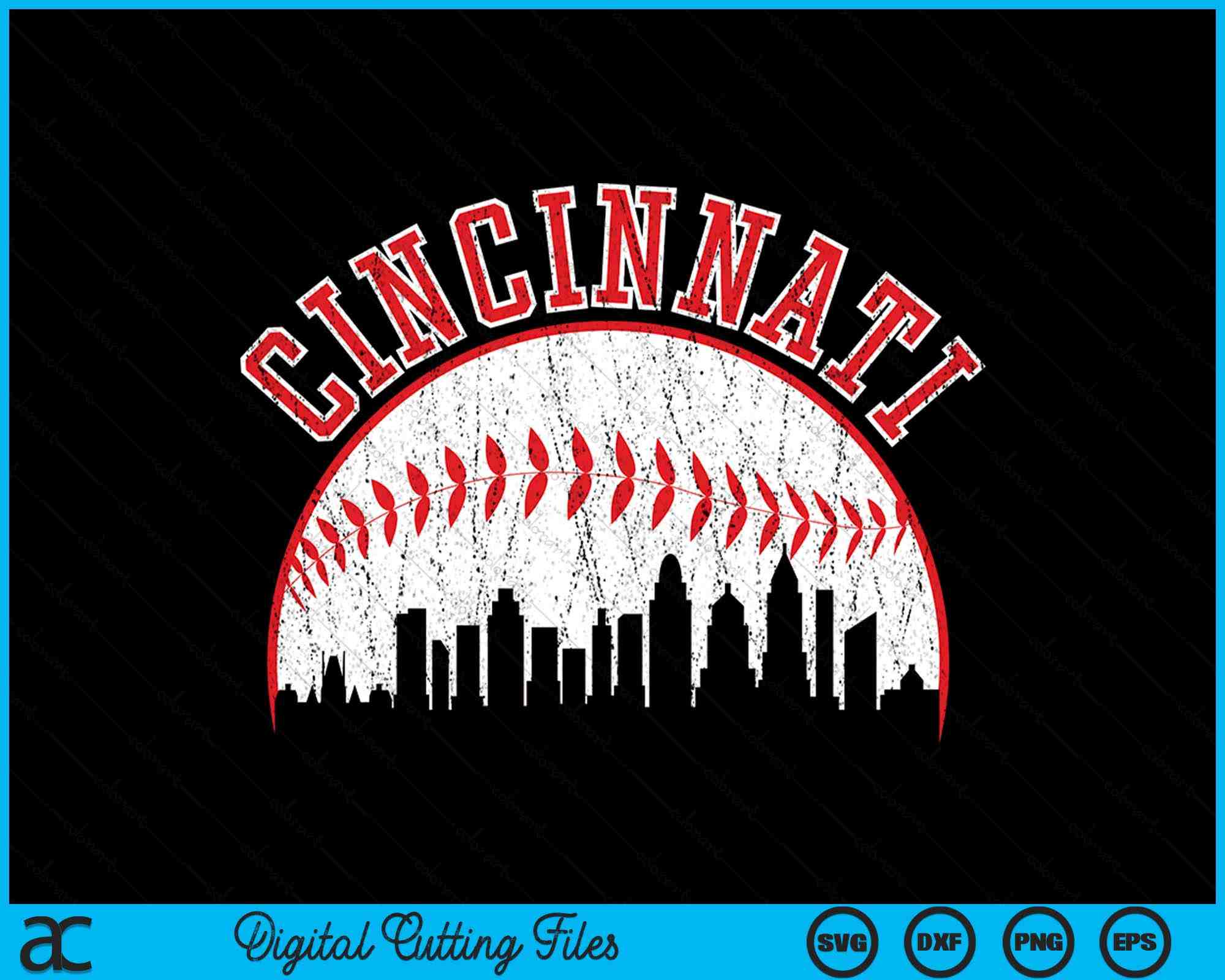Cincinnati Baseball Lettering Vintage Skyline Cincinnati Baseball SVG PNG Digital Cutting Files ...