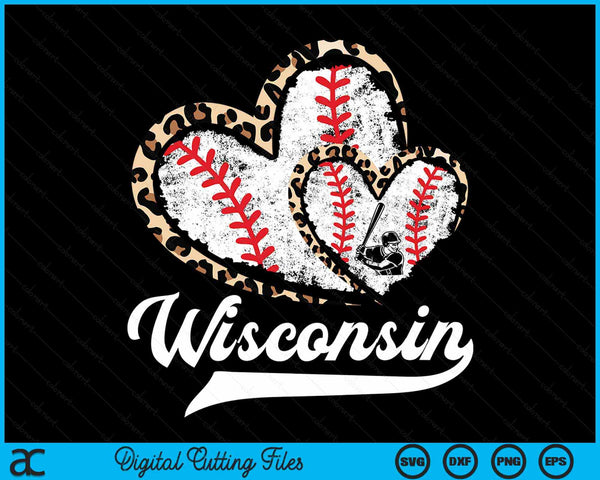 Vintage Wisconsin Baseball Leopard Heart Baseball Fans SVG PNG Digital Cutting Files