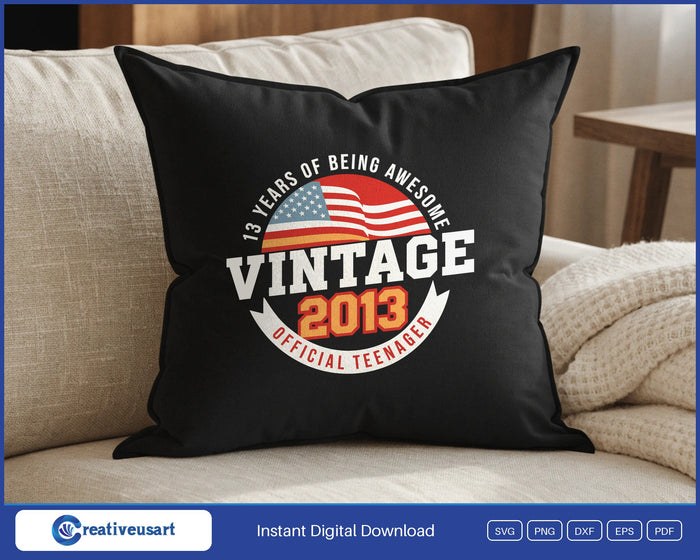 Vintage 2013 Official Teenager SVG design on a black throw pillow