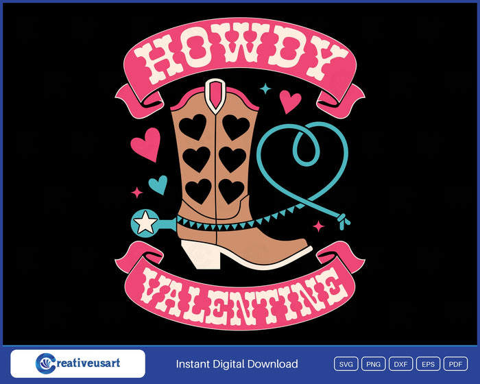 Howdy Valentine western SVG, a heart-cutout cowgirl boot with a star spur and a teal lasso heart between pink banners