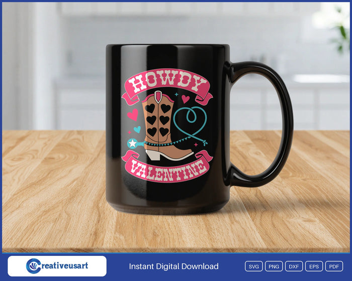 Howdy Valentine western design on a black coffee mug