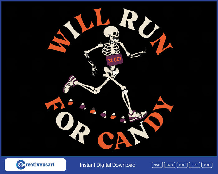 Will Run For Candy, a skeleton in running shoes sprinting with a race bib past candy corn SVG design on a black background