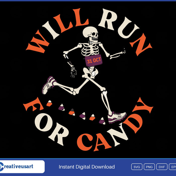 Will Run For Candy, a skeleton in running shoes sprinting with a race bib past candy corn SVG design on a black background