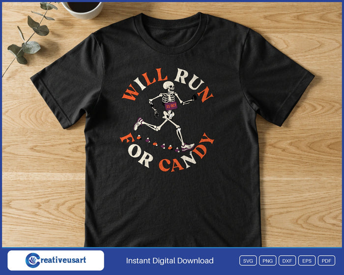 Will Run For Candy skeleton running past candy corn SVG printed on a black t-shirt