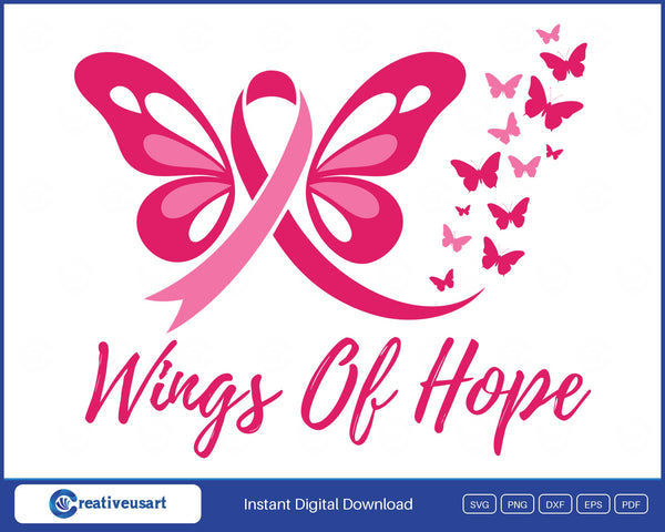 Wings Of Hope butterfly ribbon breast cancer SVG design on white background