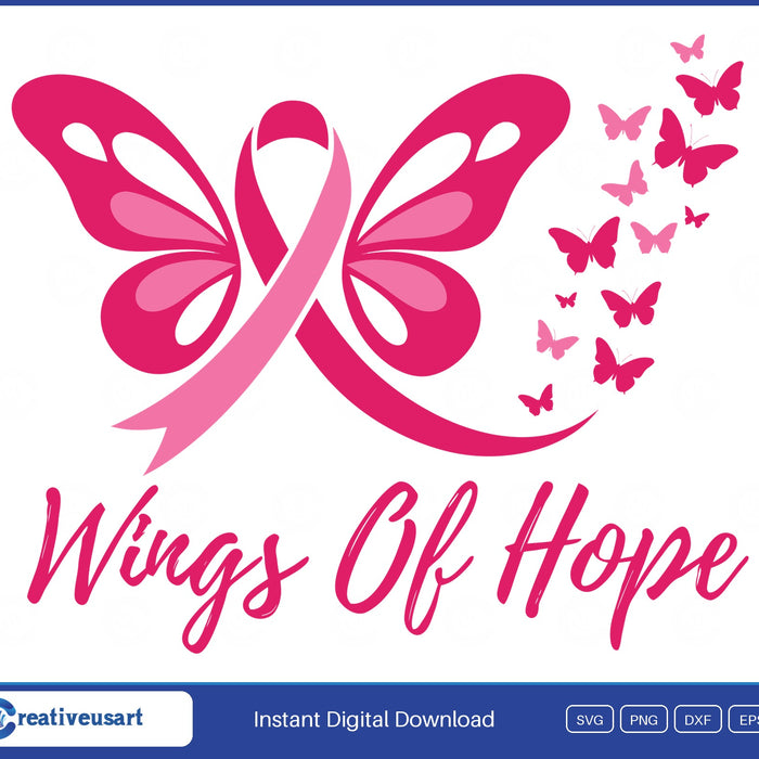 Wings Of Hope butterfly ribbon breast cancer SVG design on white background