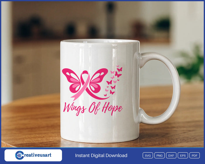 Wings Of Hope butterfly ribbon breast cancer SVG design on a white coffee mug