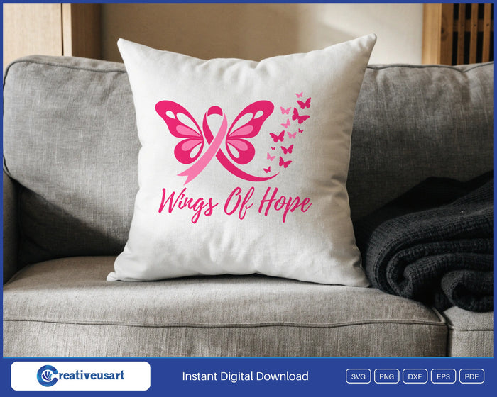 Wings Of Hope butterfly ribbon breast cancer SVG design on a white throw pillow