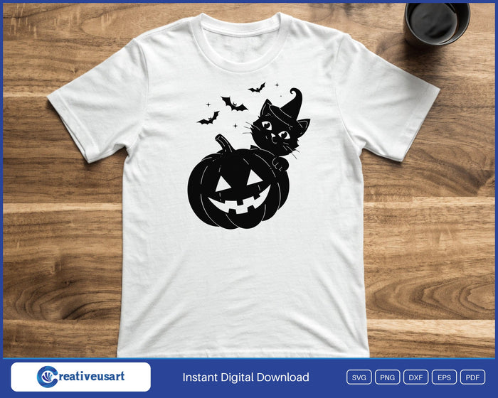 Witch cat hugging jack o lantern Halloween SVG printed on a white t-shirt