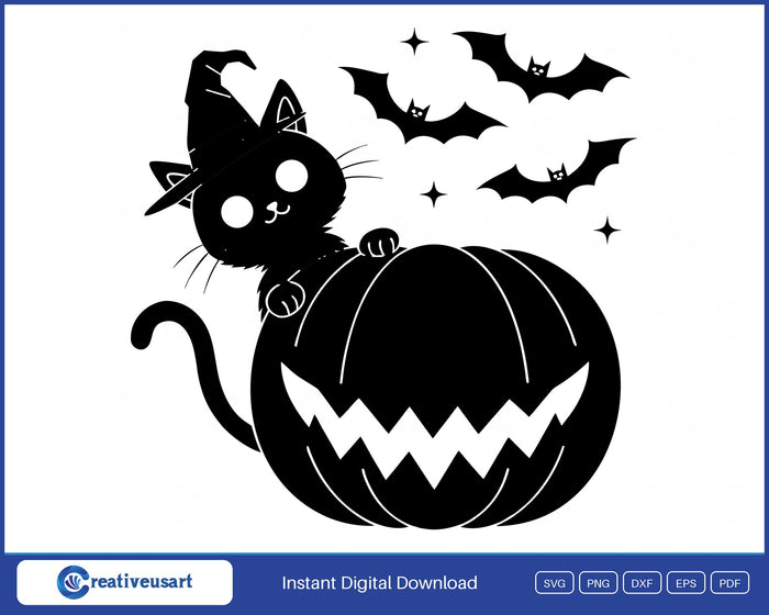 Witch cat peeking over jack o lantern Halloween SVG design on white background