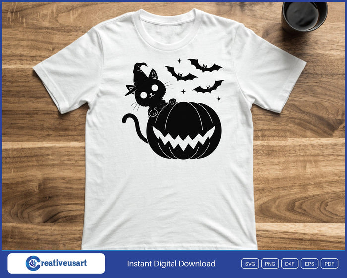 A black cat peeking over a grinning jack-o-lantern with bats above, on a white t-shirt