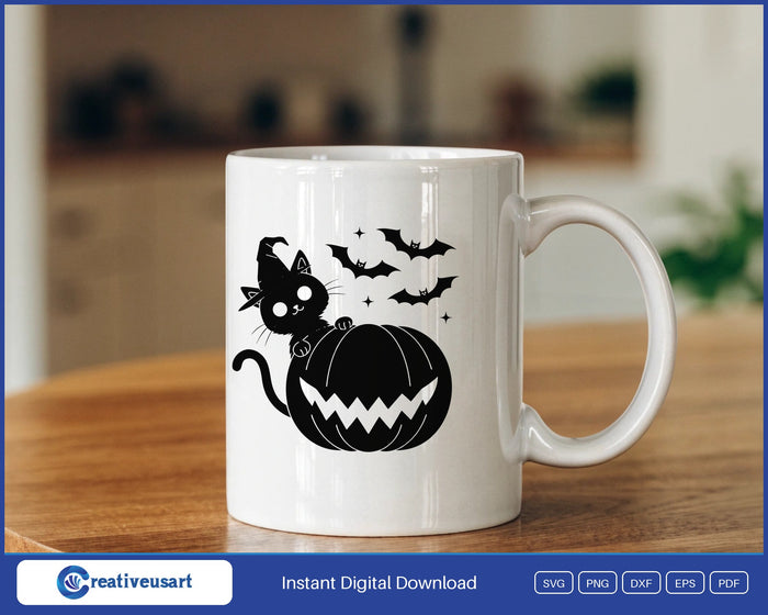 Witch cat peeking over jack o lantern Halloween SVG design on a white coffee mug