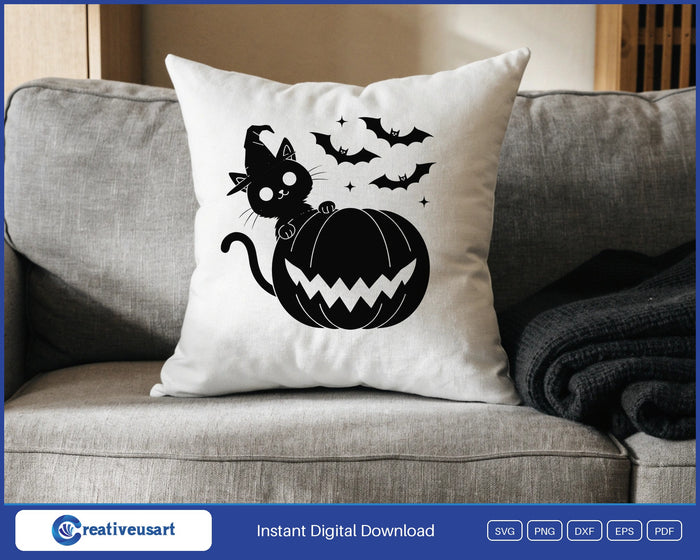 Witch cat peeking over jack o lantern Halloween SVG design on a white throw pillow