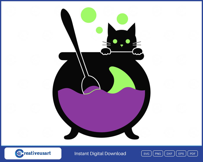 Witch cauldron with peeking black cat Halloween SVG design on white background