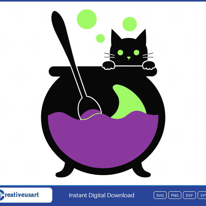 Witch cauldron with peeking black cat Halloween SVG design on white background