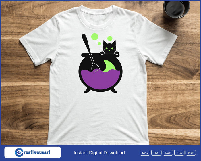 Witch cauldron with peeking black cat Halloween SVG printed on a white t-shirt