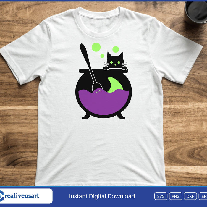 A black cat peeking out of a purple bubbling cauldron with a spoon and green bubbles, on a white t-shirt