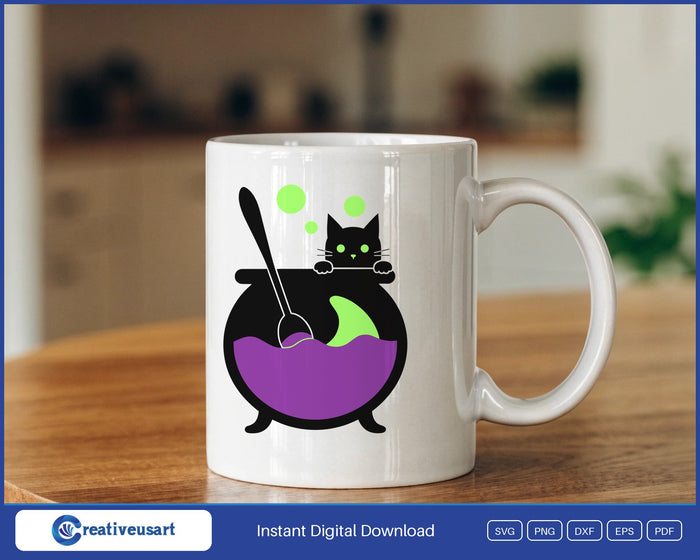 Witch cauldron with peeking black cat Halloween SVG design on a white coffee mug