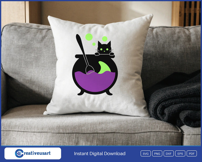 Witch cauldron with peeking black cat Halloween SVG design on a white throw pillow
