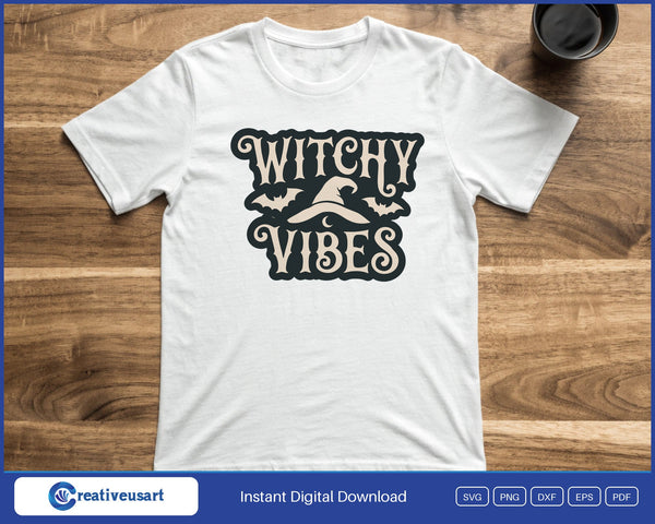 Witchy Vibes Witch Hat Badge SVG PNG Digital Printable Files - on a t-shirt