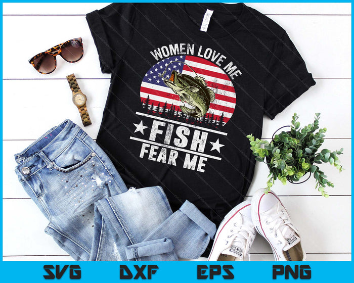 Vrouwen houden van mij vis vrezen mij mannen Vintage basvissen SVG PNG digitale snijbestanden