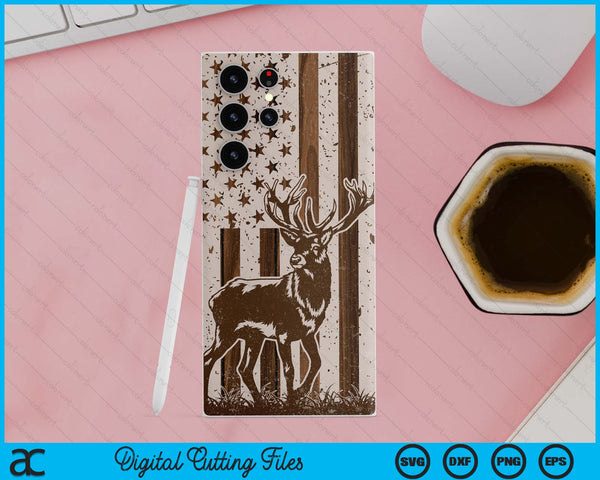 Wood Whitetail Deer Buck Hunting Hunter American USA Flag SVG PNG Digital Cutting Files - on a t-shirt