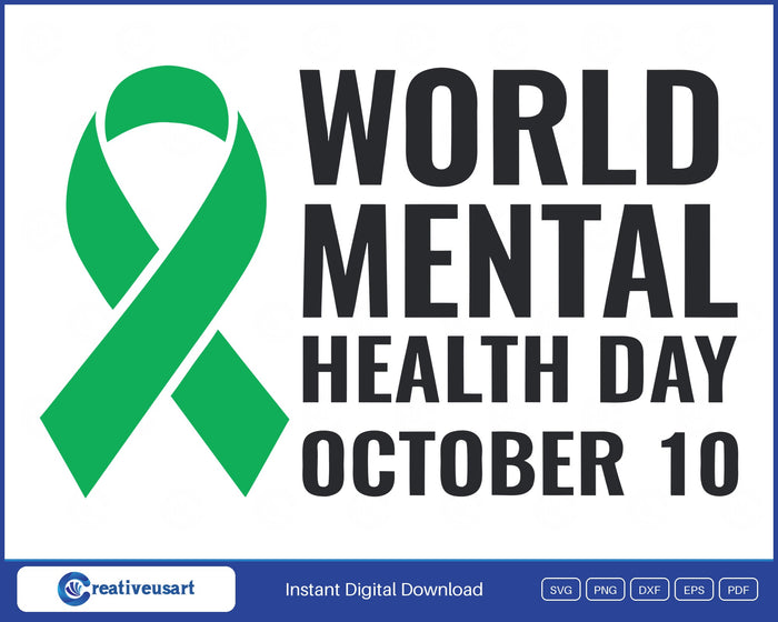 World Mental Health Day October 10 green ribbon SVG design on white background