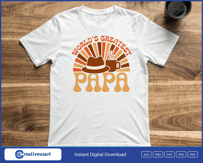 World's Greatest Papa retro sunburst with a hat and coffee mug SVG printed on a white t-shirt