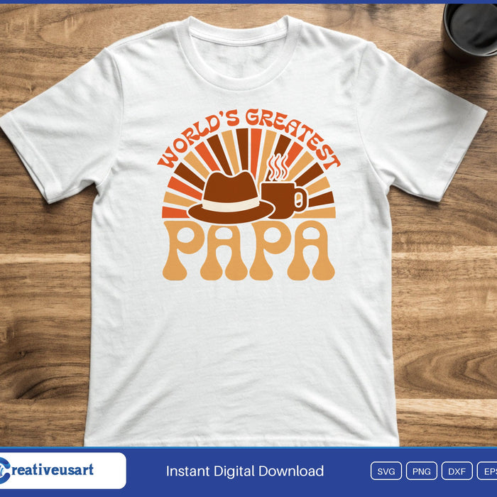 World's Greatest Papa retro sunburst with a hat and coffee mug SVG printed on a white t-shirt