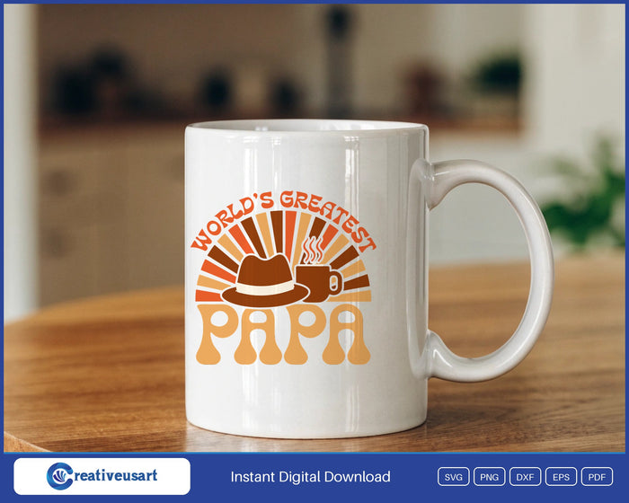 World's Greatest Papa retro sunburst with a hat and coffee mug SVG design on a white coffee mug