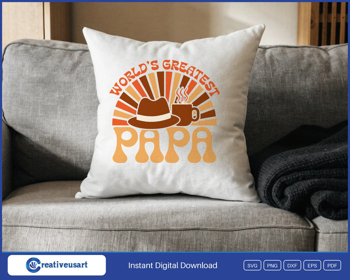 World's Greatest Papa retro sunburst with a hat and coffee mug SVG design on a white throw pillow