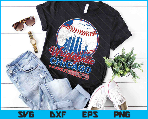 Wrigleyville of Chicago Baseball Vintage Softball Skyline SVG PNG Digital Cutting Files